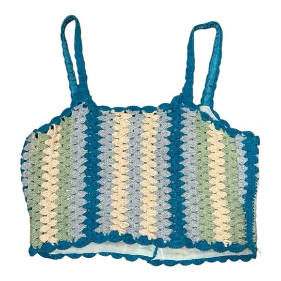 Sisstrevolution Crochet Sweater Knit Tank Cropped Blue & Green Small Beach NWT - Picture 2 of 3
